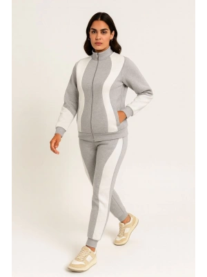 Kadın Premium Parçalı Eşofman Takım - Dik Yaka Fermuarlı Sweatshirt - Gri