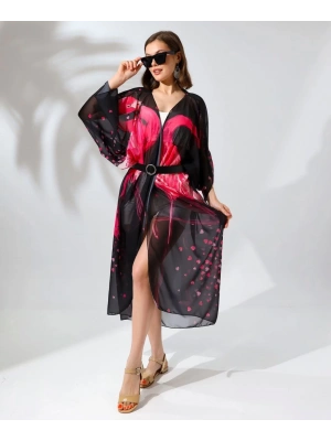 Kadın Rahat Kesim Şifon Kimono - Siyah