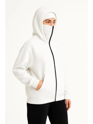 Kadın Samuray Ninja Çift Kapüşonlu Maske Detaylı Fermuarlı Kanguru Cepli Hoodie - Beyaz