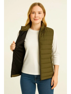 Kadın Şişme Fermuarlı Yelek Su itici Kapitone Astarlı Kumaş Cepli Hafif Kışlık Spor Rahat Kalıp - Haki