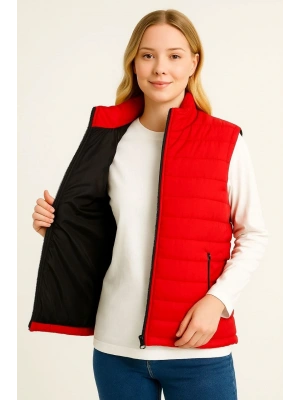 Kadın Şişme Fermuarlı Yelek Su itici Kapitone Astarlı Kumaş Cepli Hafif Kışlık Spor Rahat Kalıp - Kırmızı