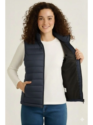 Kadın Şişme Fermuarlı Yelek Su itici Kapitone Astarlı Kumaş Cepli Hafif Kışlık Spor Rahat Kalıp - Lacivert