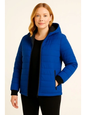 Kadın Şişme Kapüşonlu Fermuarlı Mont Su itici Kapitone Astarlı Kumaş Cepli Kışlık Rahat Kalıp - Saks Mavisi