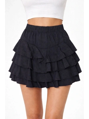 Kadın Siyah Katlı Mini Fırfıtlı Etek Lastikli Yüksel Bel, Volanlı Tasarım, Rahat Kalıp, Günlük ve Şık Kombinelere Uygun Yazlık Etek - Siyah