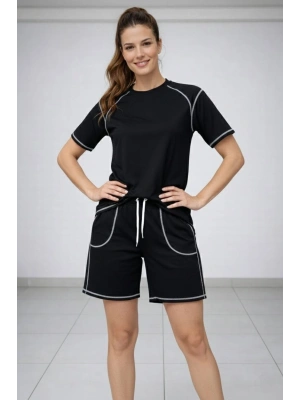 Kadın Spor Tişört Şort Takım Kontrast Dikiş Detaylı Ovarsize rahat kalıp - Siyah