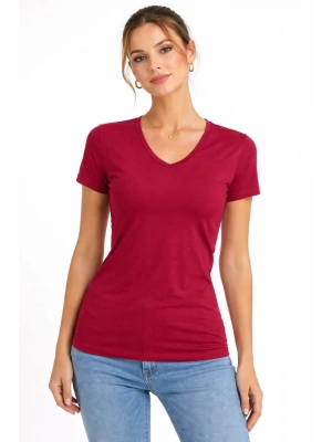 Kadın T-Shirt V Yaka Slim Fit Likralı Tişört Günlük Basic Body - Bordo