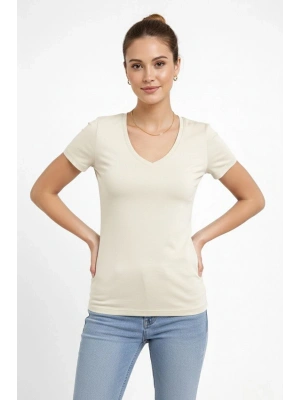 Kadın T-Shirt V Yaka Slim Fit Likralı Tişört Günlük Basic Body - Taş