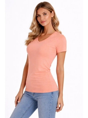 Kadın T-Shirt V Yaka Slim Fit Likralı Tişört Günlük Basic Body - Toz Pembe