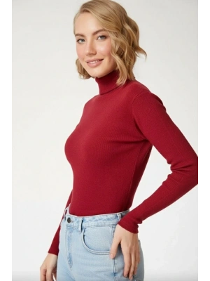 Kadın Tam Boğazlı Fitilli Likrali Kaşkorse Badi İnce Uzun Kollu Kazak - Bordo