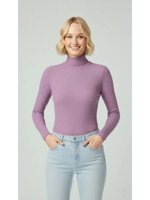 Kadın Tam Boğazlı Fitilli Likrali Kaşkorse Badi İnce Uzun Kollu Kazak - Mor