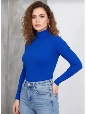 Kadın Tam Boğazlı Fitilli Likrali Kaşkorse Badi İnce Uzun Kollu Kazak - Saks Mavisi