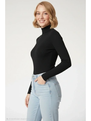 Kadın Tam Boğazlı Fitilli Likrali Kaşkorse Badi İnce Uzun Kollu Kazak - Siyah