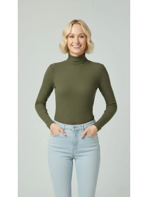 Kadın Tam Boğazlı Fitilli Likrali Kaşkorse Badi İnce Uzun Kollu Rahat Kazak - Haki