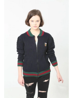 Kadın Tam Fermuarlı Triko Hırka - Lacivert