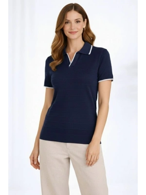 Kadın Triko Kumaş Yakalı Düğmesiz Açık Yaka Fitilli Kısa Kollu Regular Fit Tişört T-shirt - Lacivert