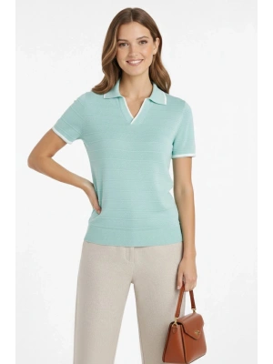 Kadın Triko Kumaş Yakalı Düğmesiz Açık Yaka Fitilli Kısa Kollu Regular Fit Tişört T-shirt - Mint Yeşili