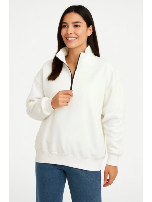 Kadın Üç İplik Dık Yaka Yarım Fermuarlı SweatShirt - Beyaz