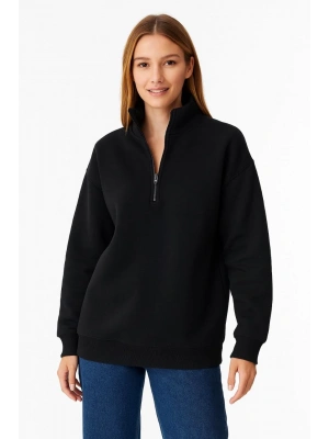 Kadın Üç İplik Dık Yaka Yarım Fermuarlı SweatShirt - Siyah