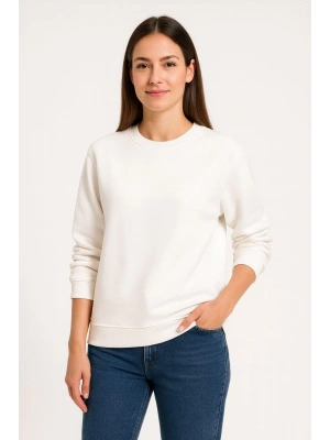 Kadın Üç İplik Düz Bisiklet Yaka SweatShirt - Beyaz