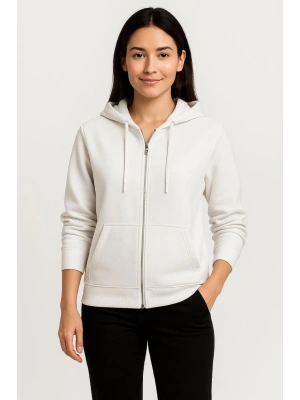 Kadın Üç İplik Kapüşonlu Tam Fermuarlı Kanguru Çepli SweatShirt Hoodie - Beyaz