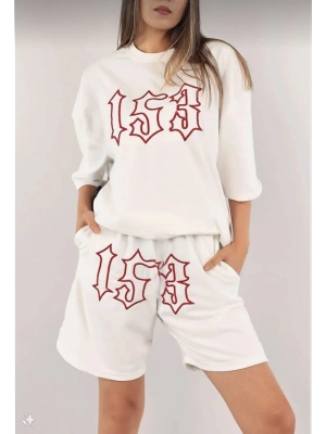 Kadın Unisex Nakış İşlemeli Şort Takım - Beyaz