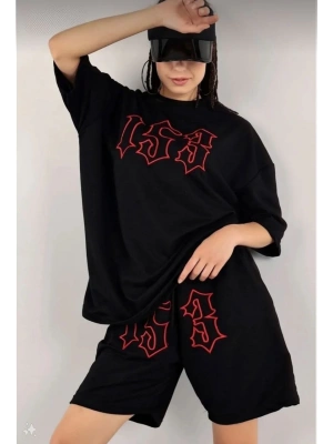 Kadın Unisex Nakış İşlemeli Şort Takım - Siyah