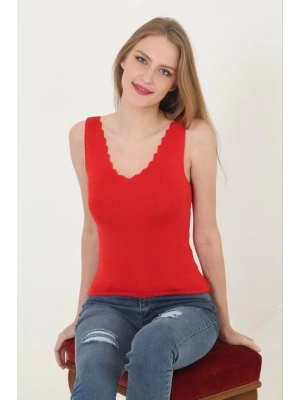 Kadın V Yaka Fırfır Detay Crop - Kırmızı