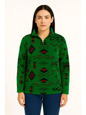 Kadın Yarım Fermuarlı Desenli Polar Sweat Tribal Etnik Desen Yakalı, Uzun Kollu, Oversize Rahat Kalıp - Yeşil