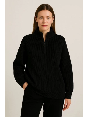 KADIN Yarım Fermuarlı Triko Kazak – Selanik Örgü, Dik Yaka, Pamuklu Dokuma, Oversize Uzun Kollu Kışlık Model - Siyah