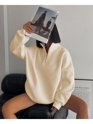 Kadın Yarım Fermuarlı Üç İplik Sweatshirt - Bej
