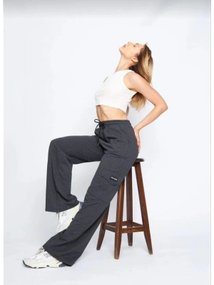 Kadın Yüksek Bel Kargo Cepli Palazzo Pantolon Oversize Bol Paça İki İplik Rahat Kesim - Antrasit