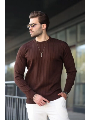 Kahverengi Bisiklet Yaka Çizgili Uzun Kollu Kazak E7273