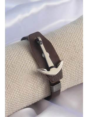 Kahverengi Deri Model Gümüş Renk Çapa Figür Erkek Bileklik