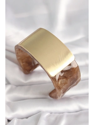 Kahverengi Mermer Desen Akrilik Platik Gold Dikdörtgen Plaka Model Vintage Kadın Bilezik