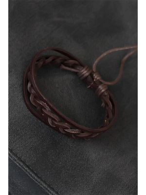 Kahverengi Örgü Deri Erkek Bileklik