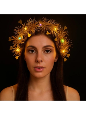 Kalp Püsküllü Gece Parıltısı 3 Modlu LED li Işıklı Taç Altın Renk