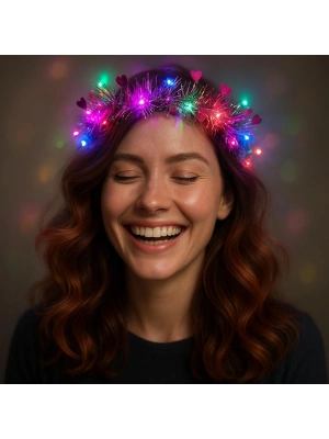 Kalp Püsküllü Gece Parıltısı 3 Modlu LED li Işıklı Taç Fuşya Renk