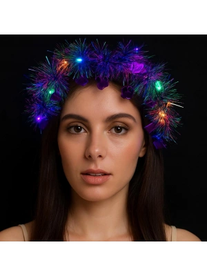 Kalp Püsküllü Gece Parıltısı 3 Modlu LED li Işıklı Taç Mor Renk
