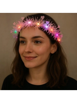 Kalp Püsküllü Gece Parıltısı 3 Modlu LED li Işıklı Taç Pembe Renk