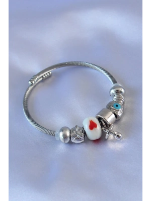 Kalp ve Nazar Boncuk Detaylı Charm Kadın Bileklik