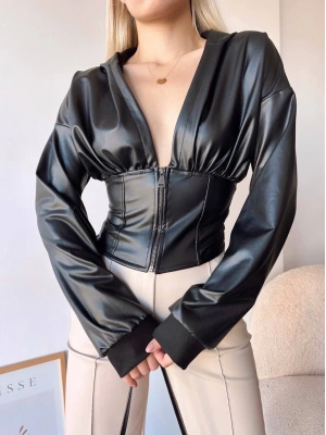 Kapşonlu yarım fermuarlı ceket siyah h24116