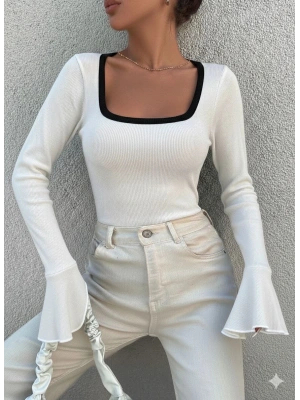 Kare yaka garni detay ispanyol kol bluz beyaz a3105