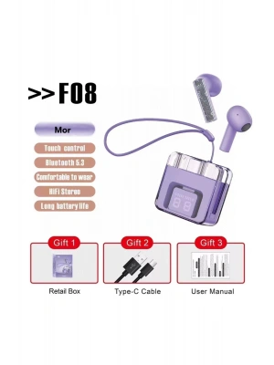 Karler Bass F08 Dijital Şarj Göstergeli TWS Bluetooth Kulaklık - Mor