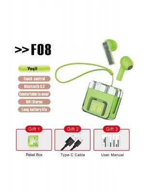 Karler Bass F08 Dijital Şarj Göstergeli TWS Bluetooth Kulaklık - Yeşil
