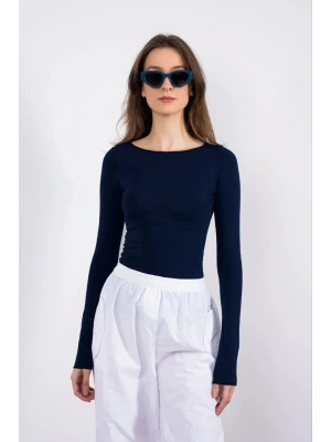 Kayık yaka uzun kollu bluz lacivert pt