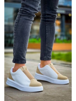 KB-007  Kuback  Beyaz Bej Yüksek Taban Tek Bant Bağcıksız Günlük Erkek Ayakkabı