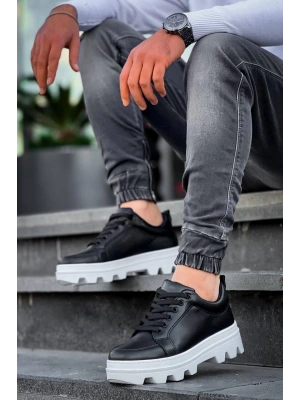 KB-056 Kuback Siyah Cilt Beyaz Yüksek Taban Günlük Spor Ayakkabı