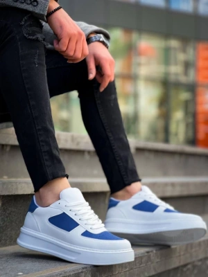 KB-X8 Kuback Beyaz Cilt Mavi Süet Detaylı Beyaz Yüksek Taban Günlük Spor Ayakkabı