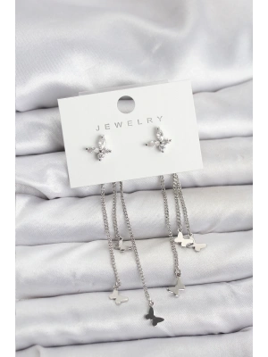 Kelebek Model Gümüş Renk Pirinç Sallantılı Kadın Küpe