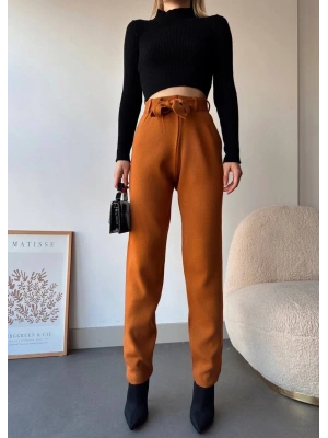 Kendinden kemerli triko pantolon camel
